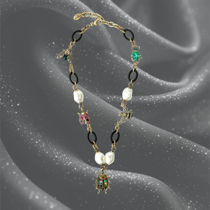 Multi Bug Charm Pearl Necklace