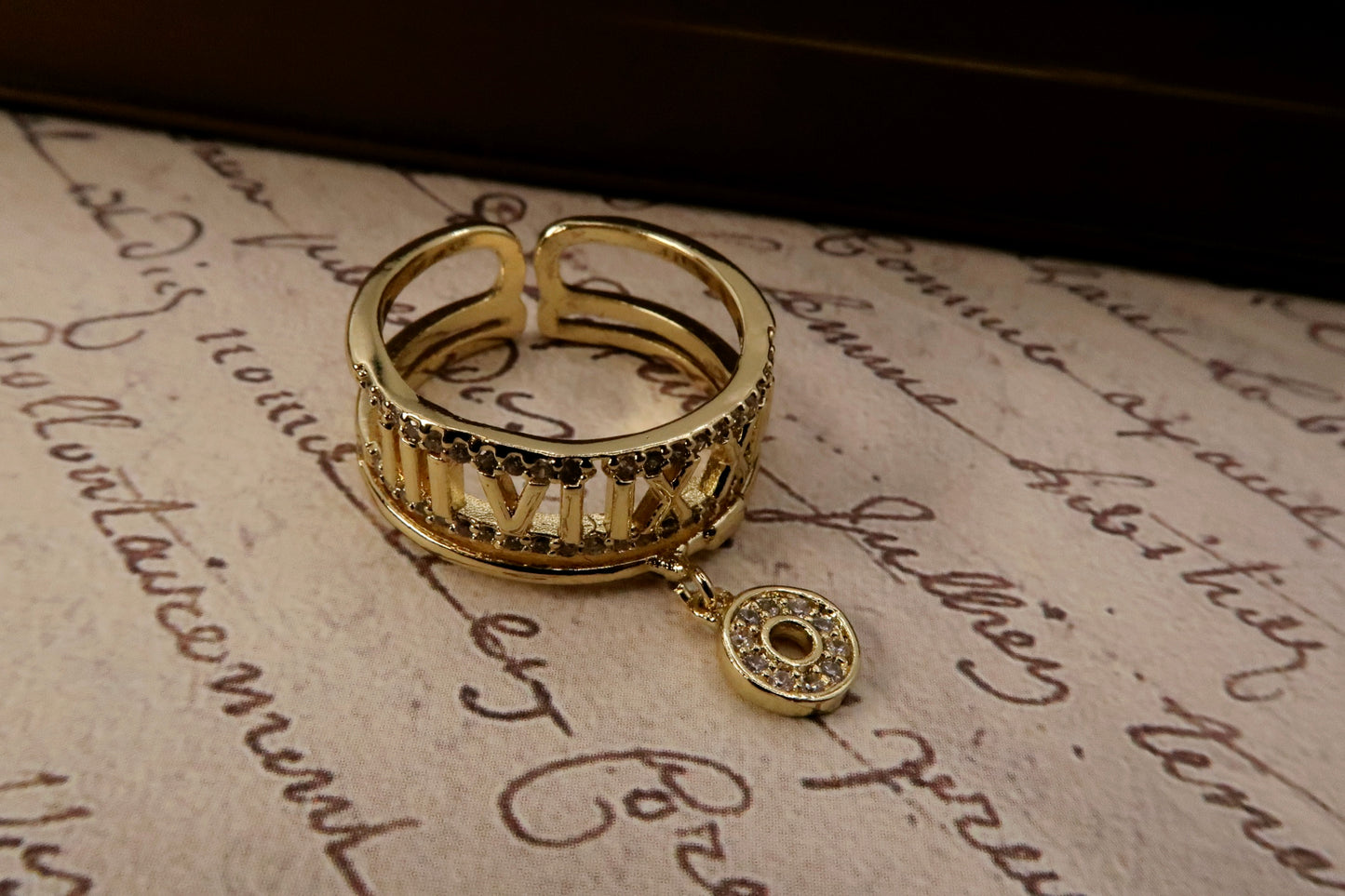 Gold Roman Numeral Open Ring with Dangle Charm