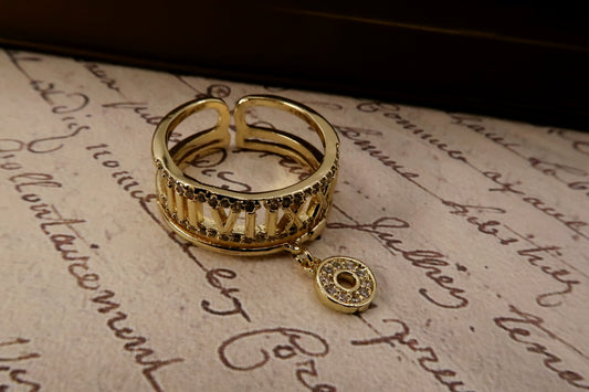 Gold Roman Numeral Open Ring with Dangle Charm