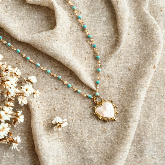 Turquoise Rosary and Heart Pendant Necklace